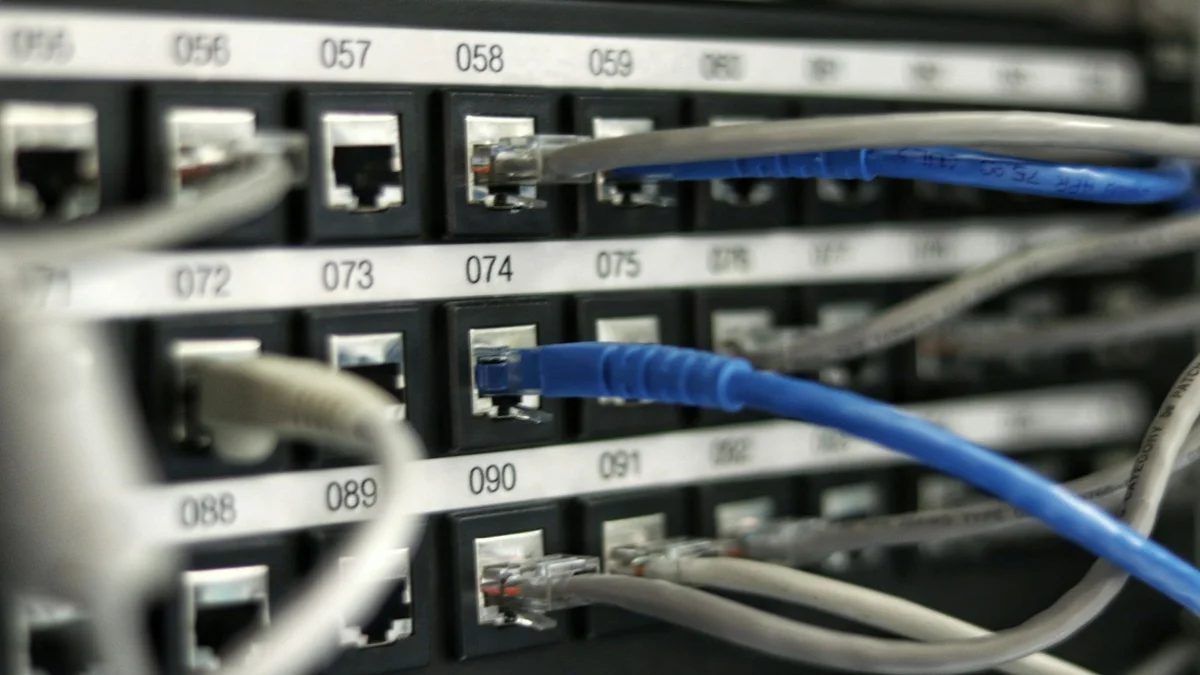 Enterprise datacenter cloud server racks and networking cables for high-traffic VPS