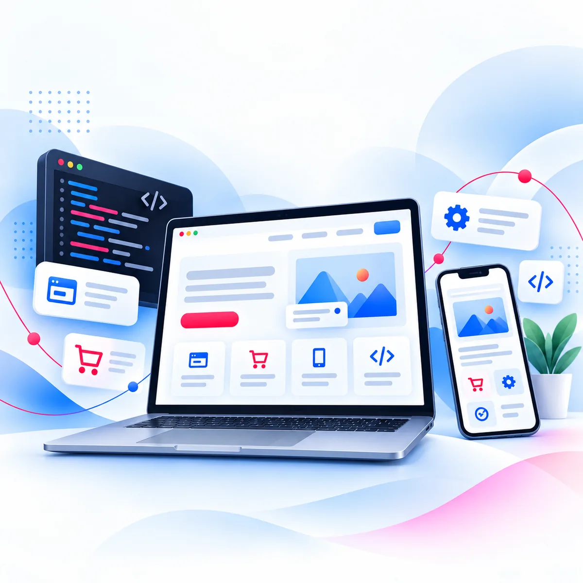 Illustration of a laptop, smartphone and code editor showing website, e-commerce and app development
